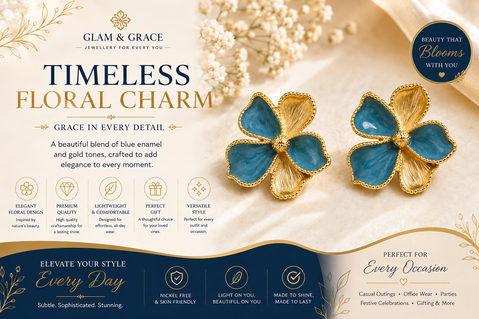 GLAM & GRACE Blue Floral Stud Earrings with Gold-Tone Detailing