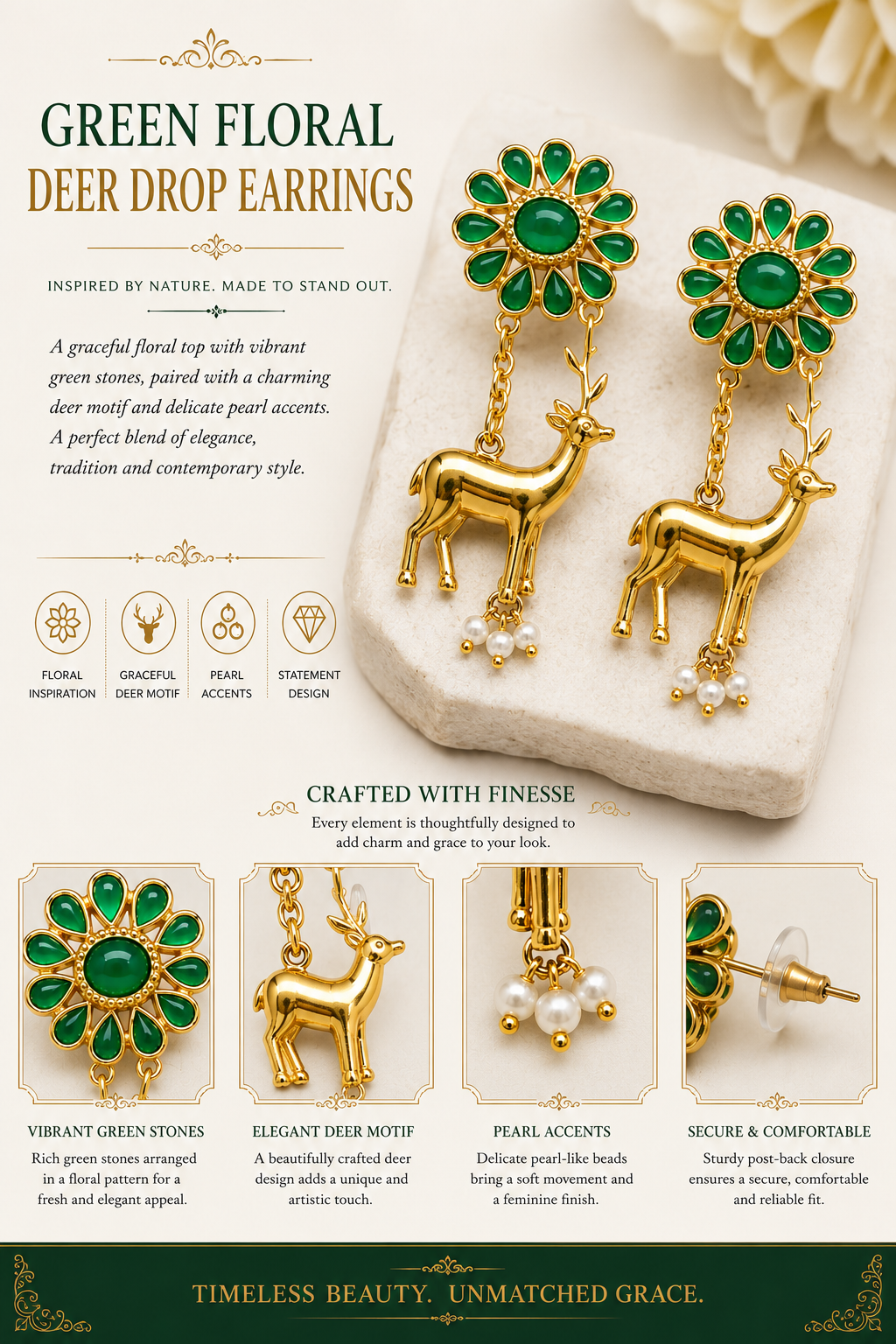 Green Emerald-Style Flower & Deer Dangle Earrings with Pearl Drops for Women