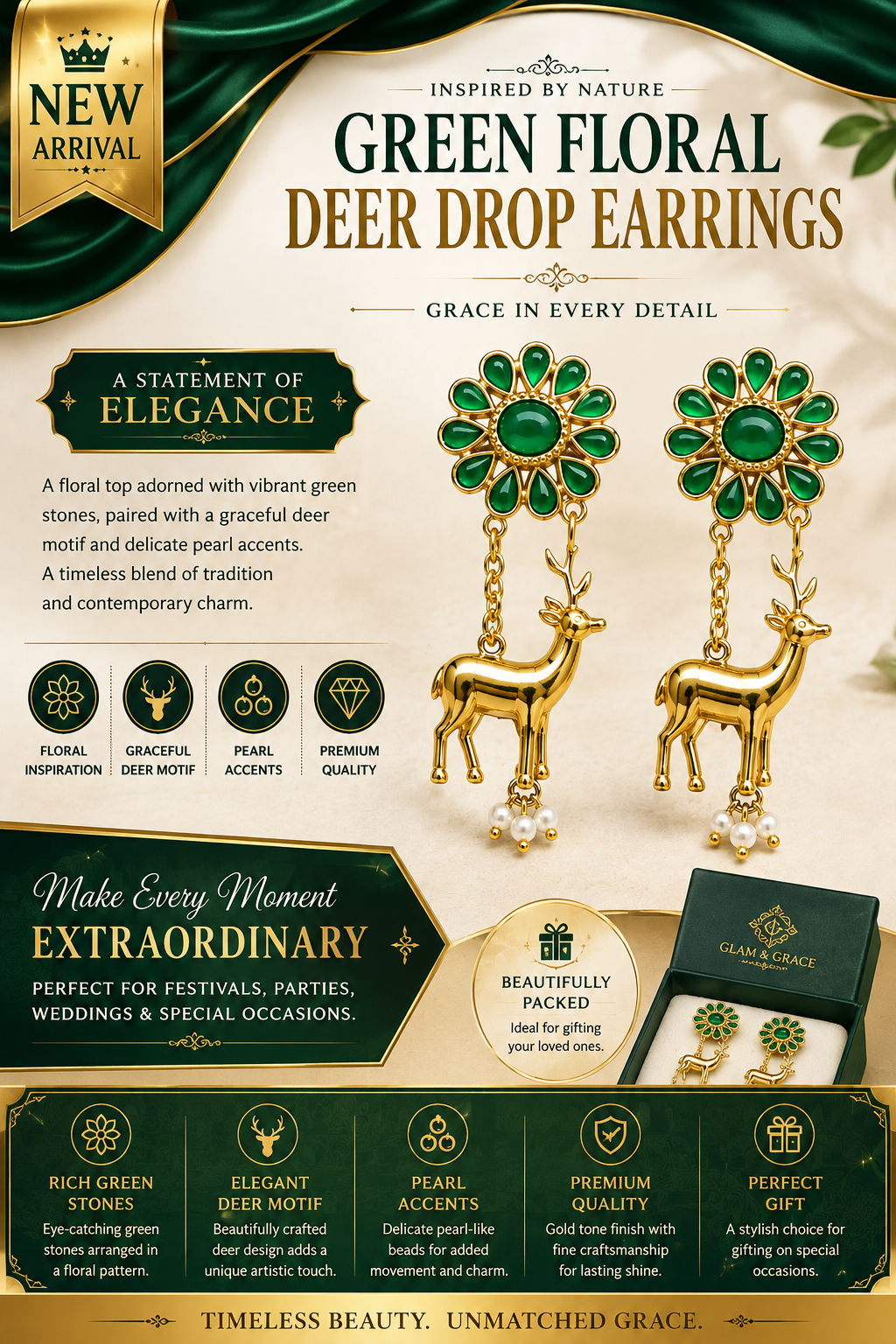 Green Emerald-Style Flower & Deer Dangle Earrings with Pearl Drops for Women