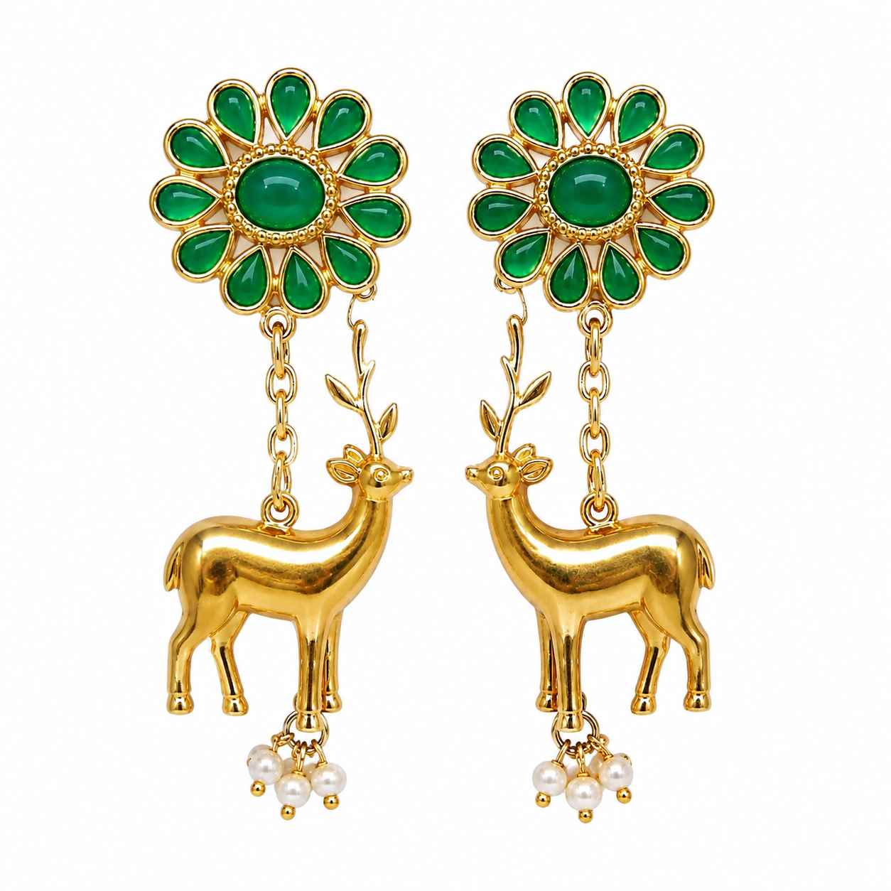 Green Emerald-Style Flower & Deer Dangle Earrings with Pearl Drops for Women