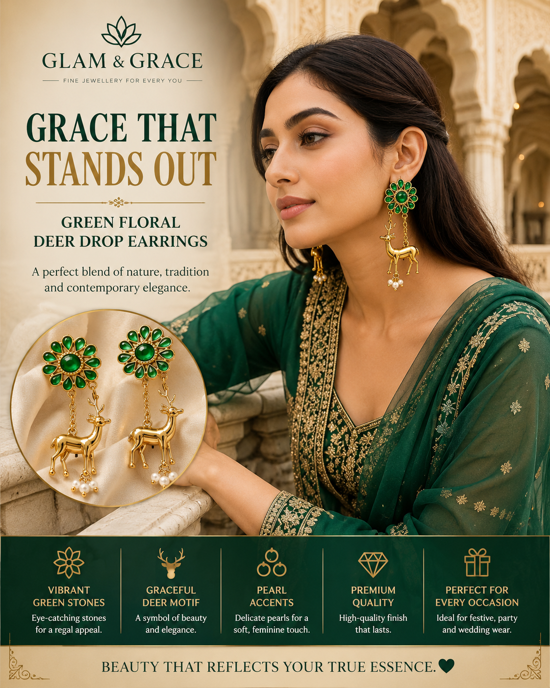 Green Emerald-Style Flower & Deer Dangle Earrings with Pearl Drops for Women