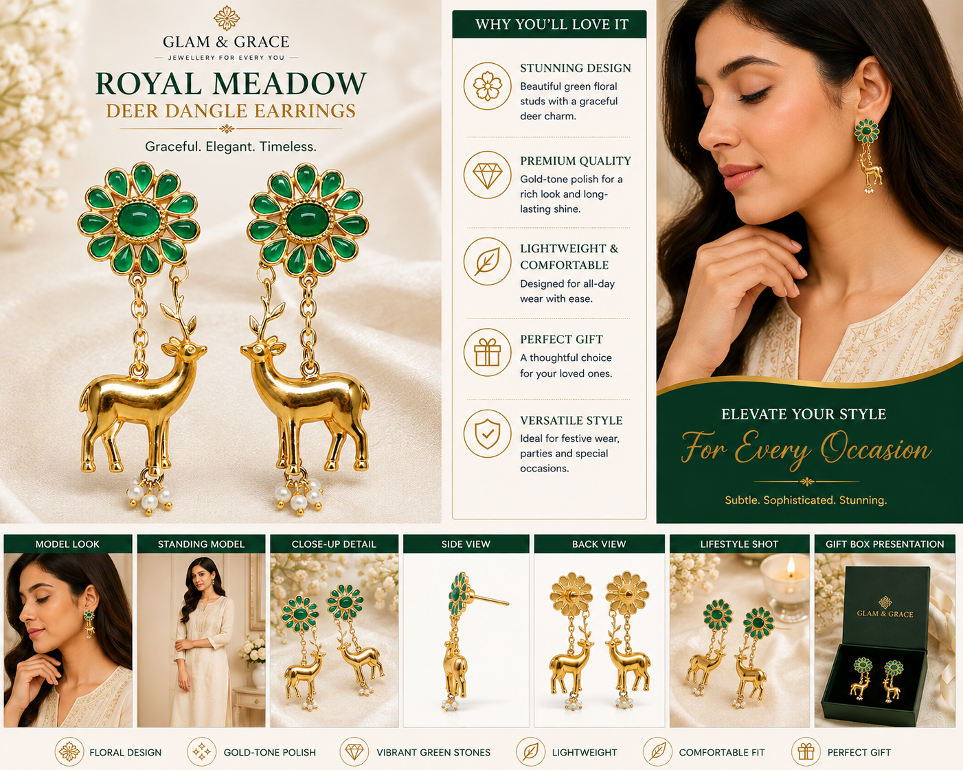Green Emerald-Style Flower & Deer Dangle Earrings with Pearl Drops for Women