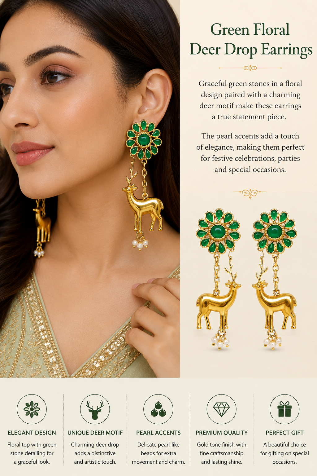 Green Emerald-Style Flower & Deer Dangle Earrings with Pearl Drops for Women