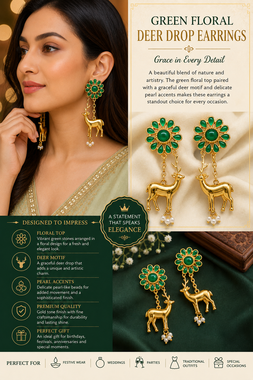 Green Emerald-Style Flower & Deer Dangle Earrings with Pearl Drops for Women