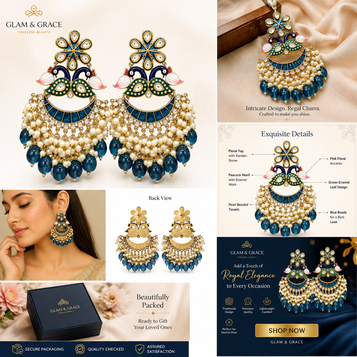 Blue Peacock Kundan Chandbali Earrings with Pearl & Teardrop Bead Drops for Women