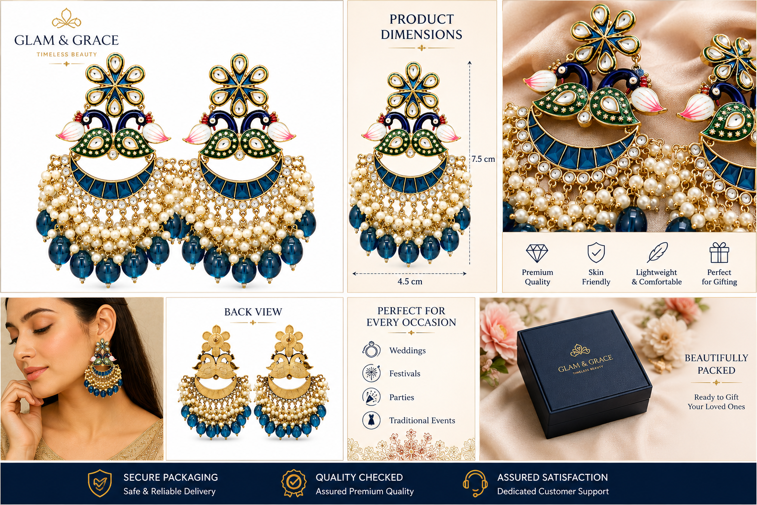 Blue Peacock Kundan Chandbali Earrings with Pearl & Teardrop Bead Drops for Women