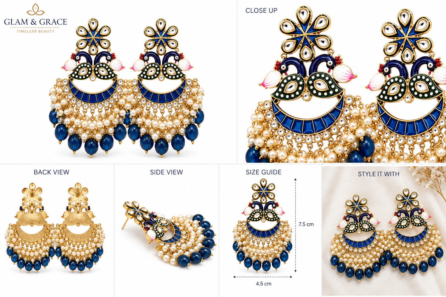 Blue Peacock Kundan Chandbali Earrings with Pearl & Teardrop Bead Drops for Women