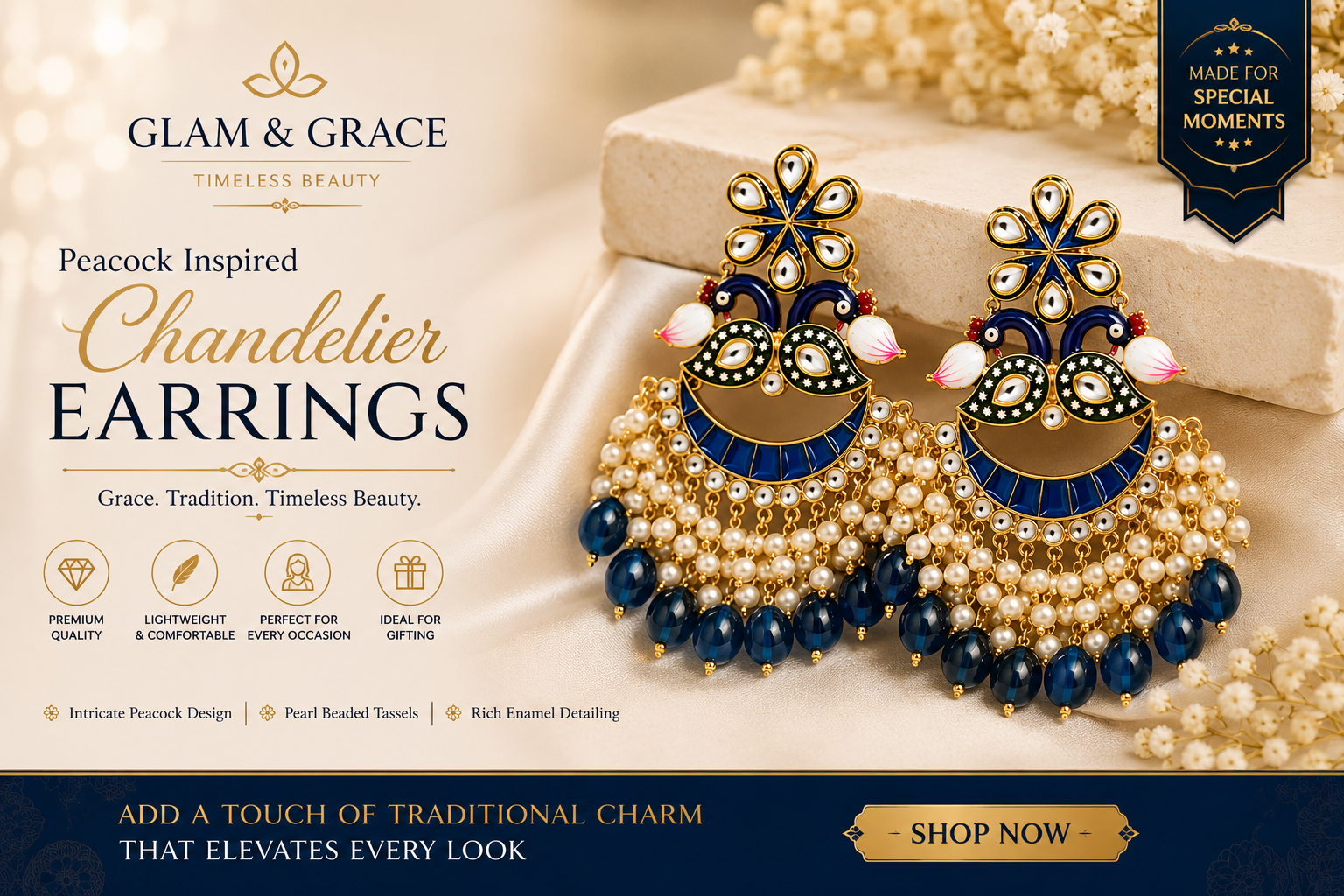 Blue Peacock Kundan Chandbali Earrings with Pearl & Teardrop Bead Drops for Women