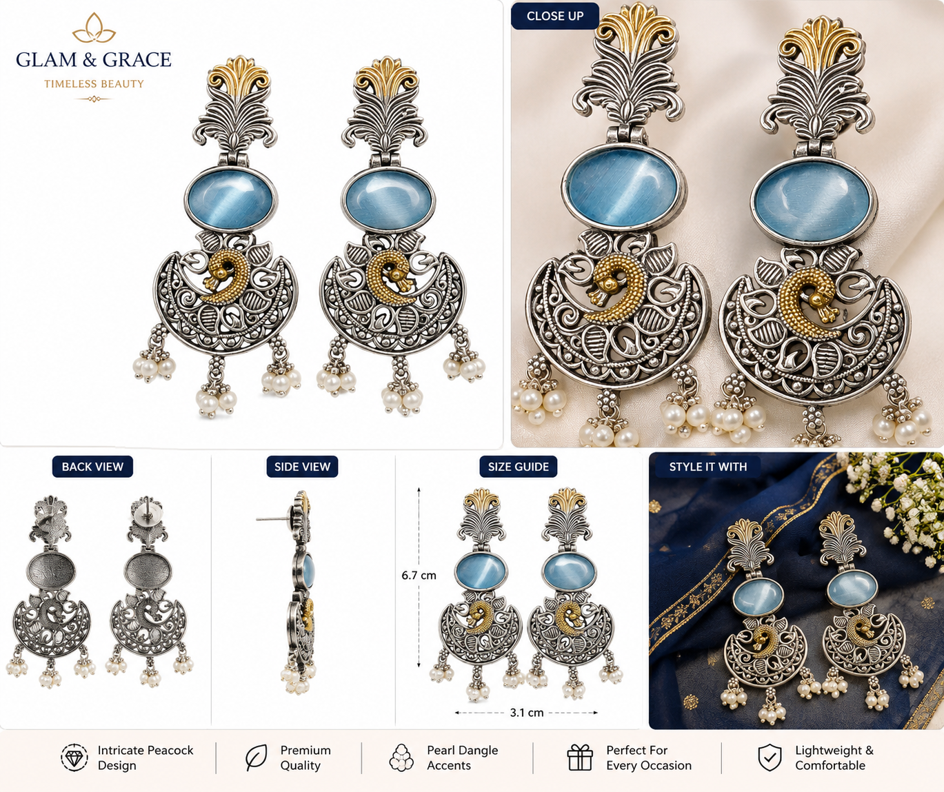Blue Stone Peacock Design Oxidised Silver & Gold Tone Dangle Earrings with Pearl Drops for Women