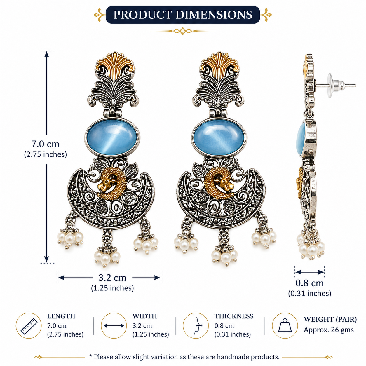 Blue Stone Peacock Design Oxidised Silver & Gold Tone Dangle Earrings with Pearl Drops for Women