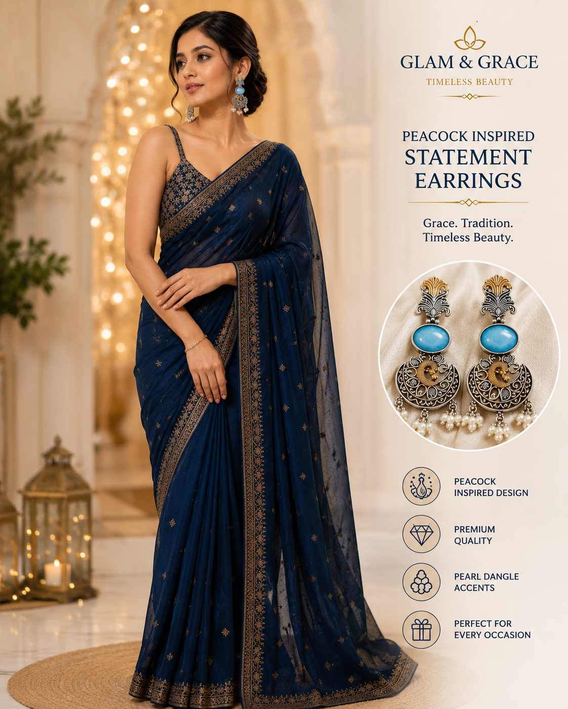 Blue Stone Peacock Design Oxidised Silver & Gold Tone Dangle Earrings with Pearl Drops for Women