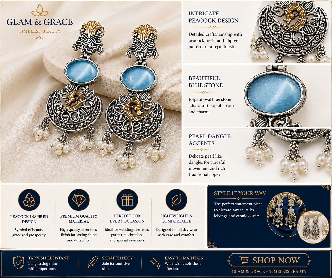 Blue Stone Peacock Design Oxidised Silver & Gold Tone Dangle Earrings with Pearl Drops for Women