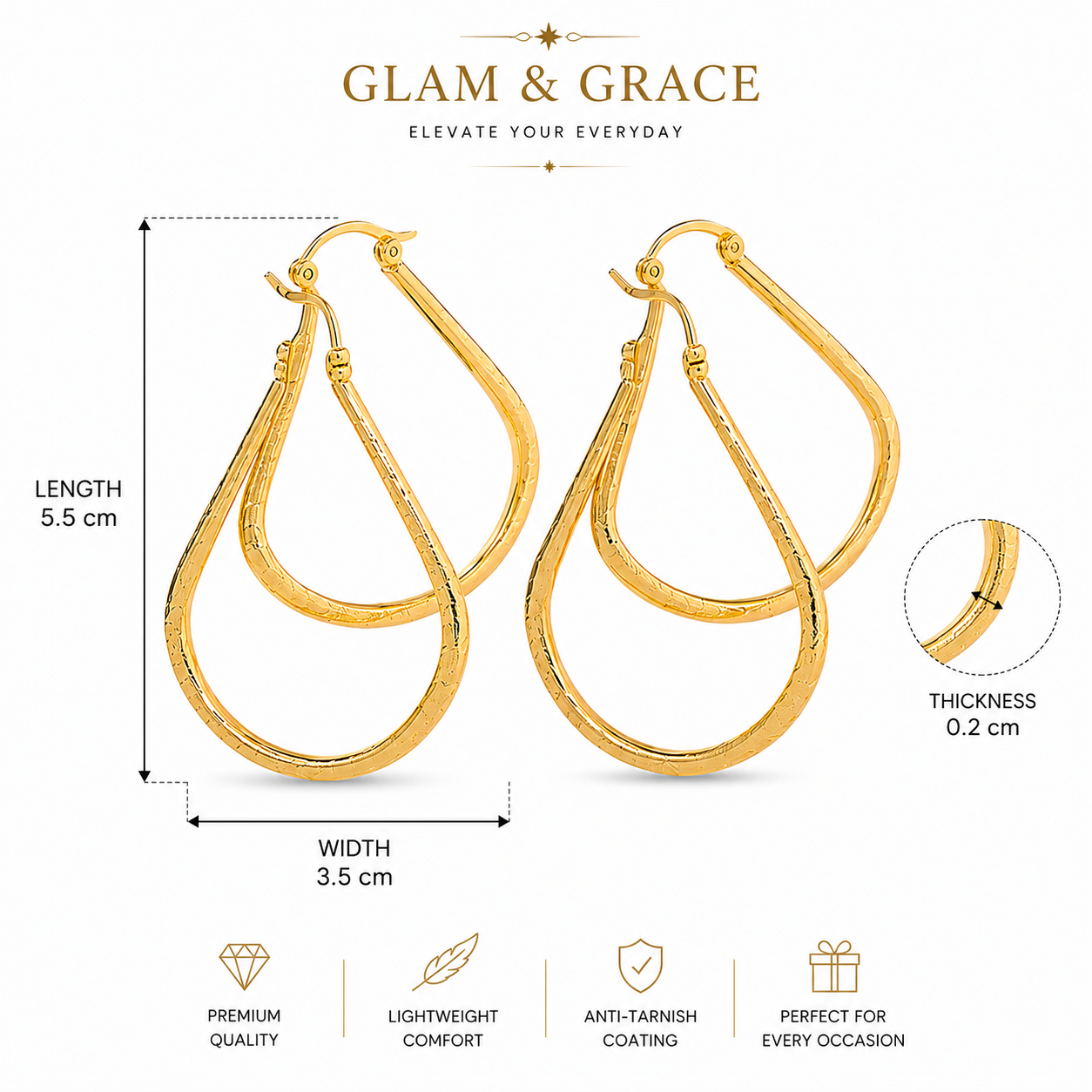 GLAM & GLITZ Gold-Tone Double Hoop Earrings for Women | Elegant Statement Dangle Earrings