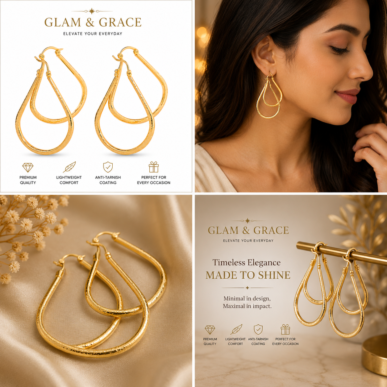 GLAM & GLITZ Gold-Tone Double Hoop Earrings for Women | Elegant Statement Dangle Earrings