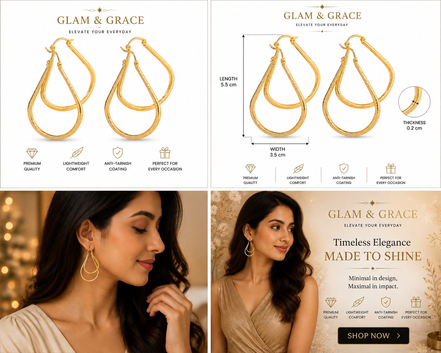 GLAM & GLITZ Gold-Tone Double Hoop Earrings for Women | Elegant Statement Dangle Earrings