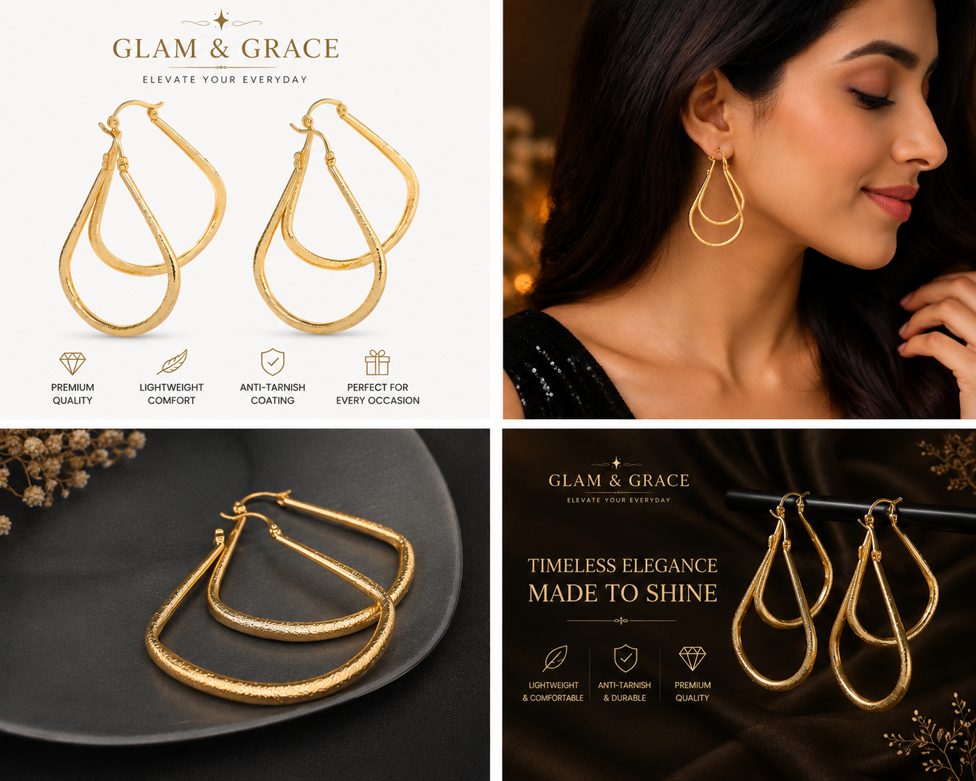 GLAM & GLITZ Gold-Tone Double Hoop Earrings for Women | Elegant Statement Dangle Earrings