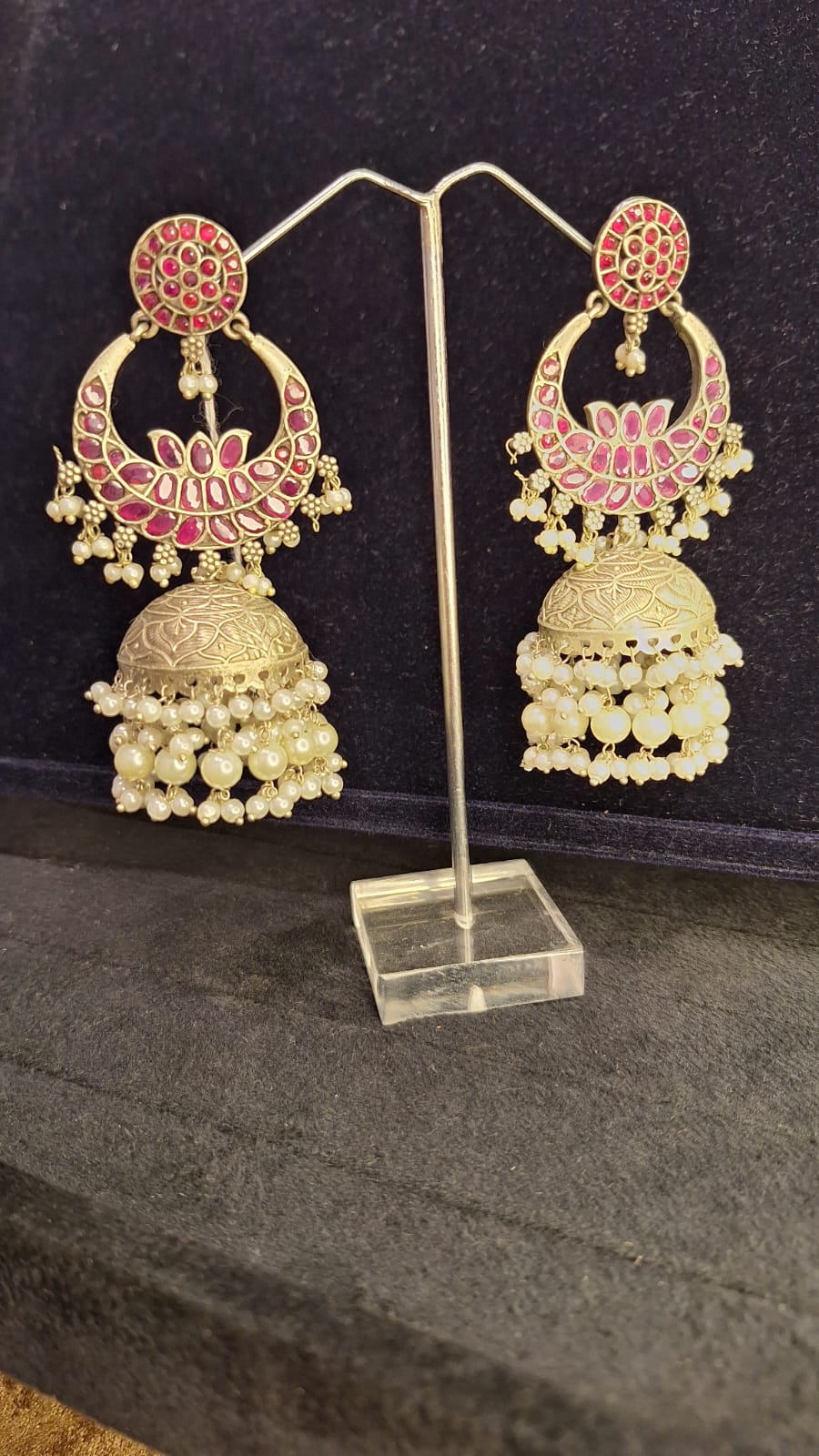 GLAM & GLITZ Gold-Tone Red Stone Kundan Jhumka Earrings with Pearl Drops for Women