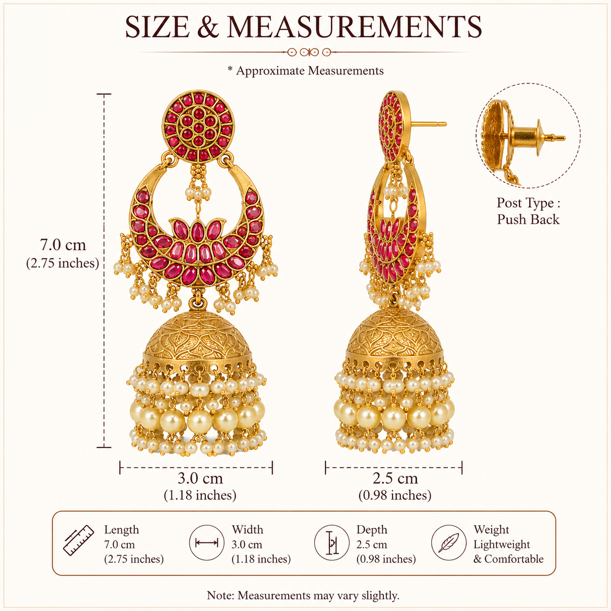 GLAM & GLITZ Gold-Tone Red Stone Kundan Jhumka Earrings with Pearl Drops for Women