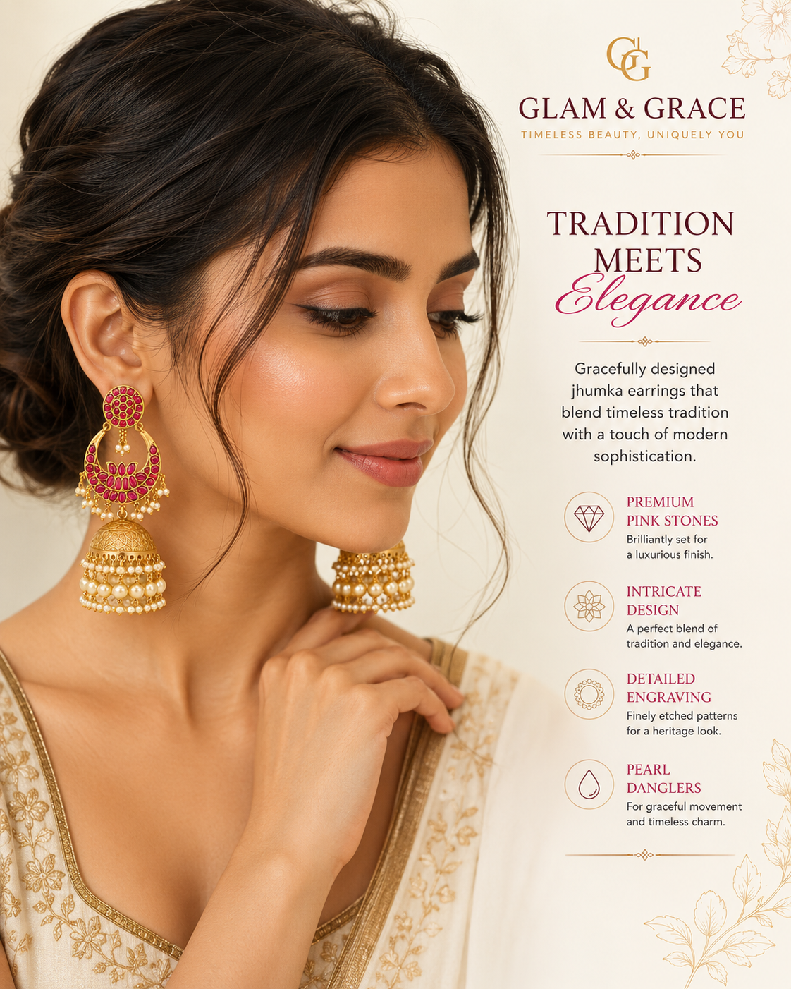 GLAM & GLITZ Gold-Tone Red Stone Kundan Jhumka Earrings with Pearl Drops for Women