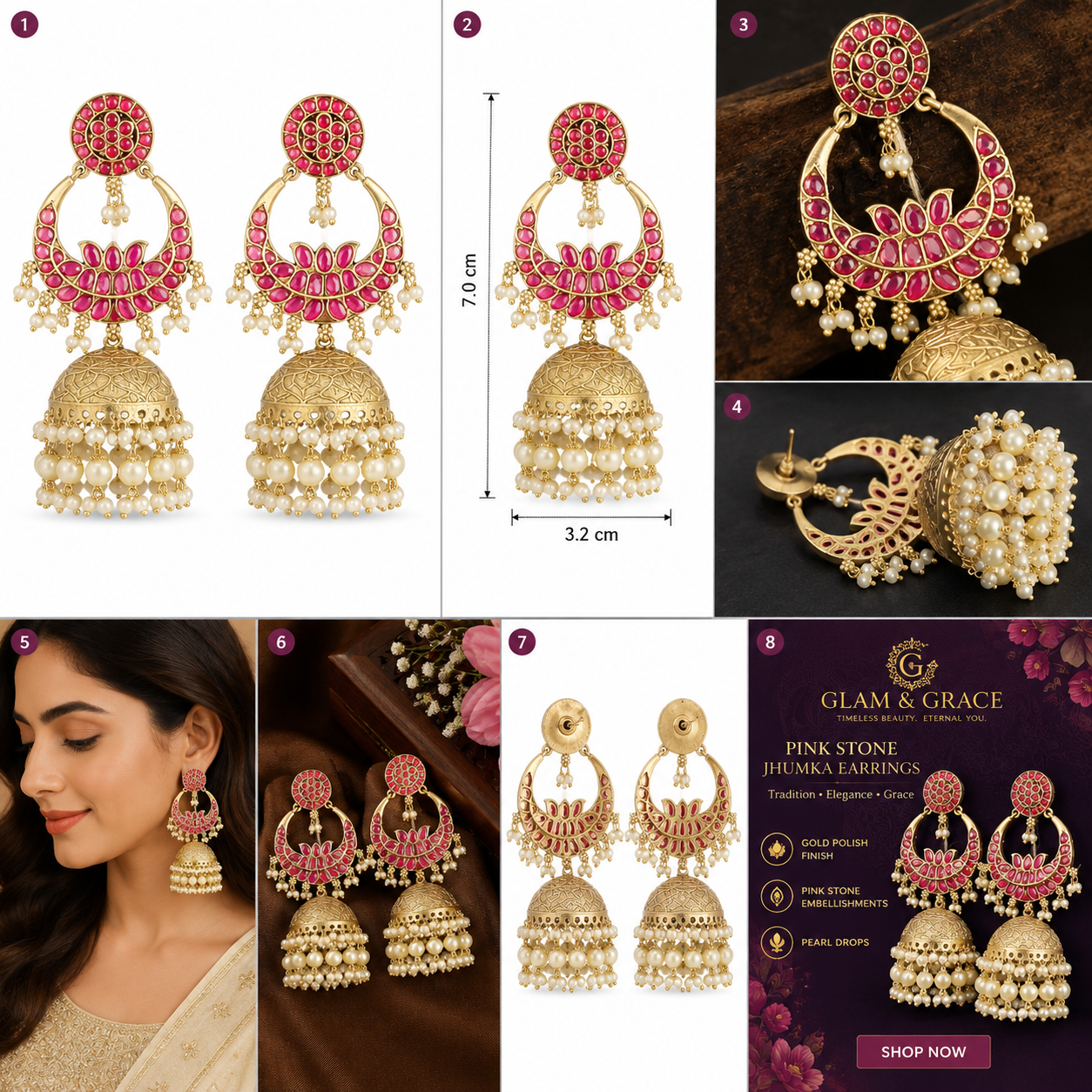GLAM & GLITZ Gold-Tone Red Stone Kundan Jhumka Earrings with Pearl Drops for Women
