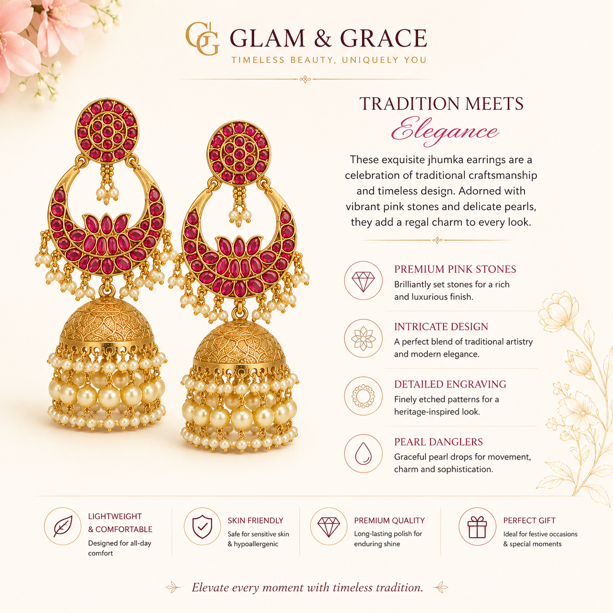 GLAM & GLITZ Gold-Tone Red Stone Kundan Jhumka Earrings with Pearl Drops for Women