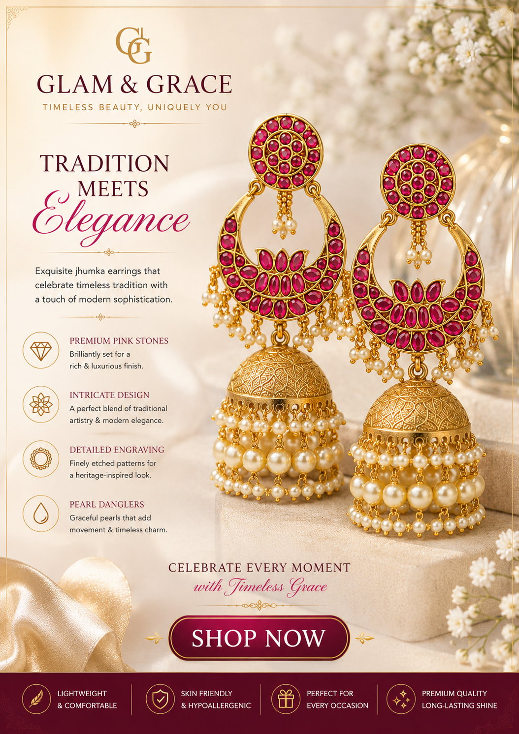 GLAM & GLITZ Gold-Tone Red Stone Kundan Jhumka Earrings with Pearl Drops for Women