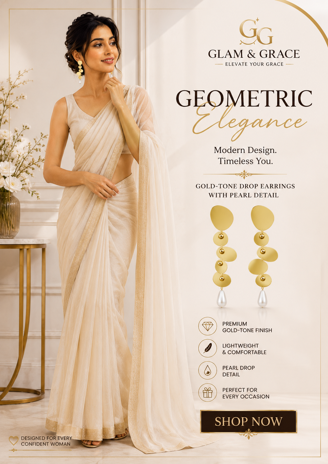 GLAM & GLITZ Gold-Tone Geometric Pearl Drop Earrings for Women
