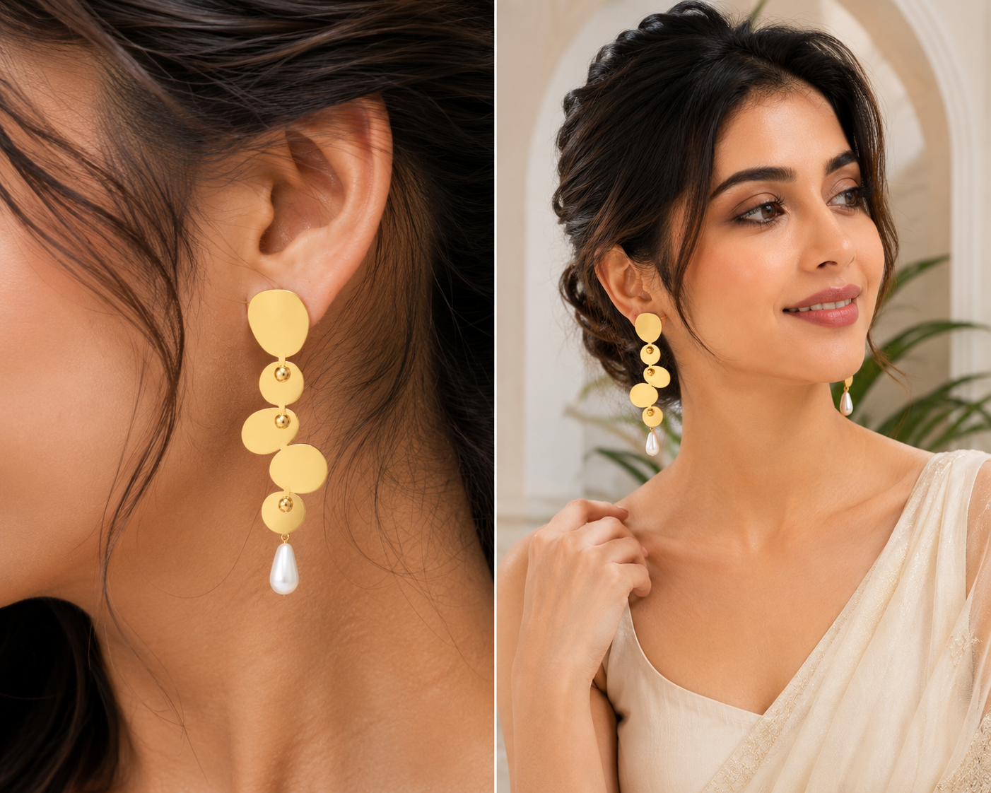 GLAM & GLITZ Gold-Tone Geometric Pearl Drop Earrings for Women