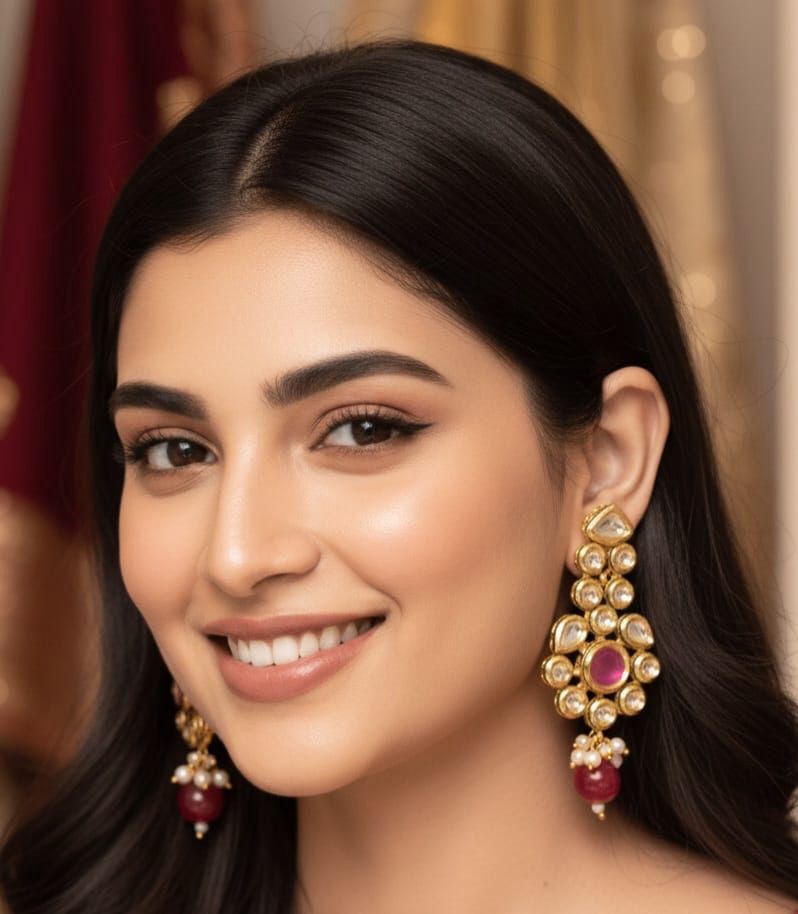 Gold-Tone Pink Stone Floral Pearl Earrings