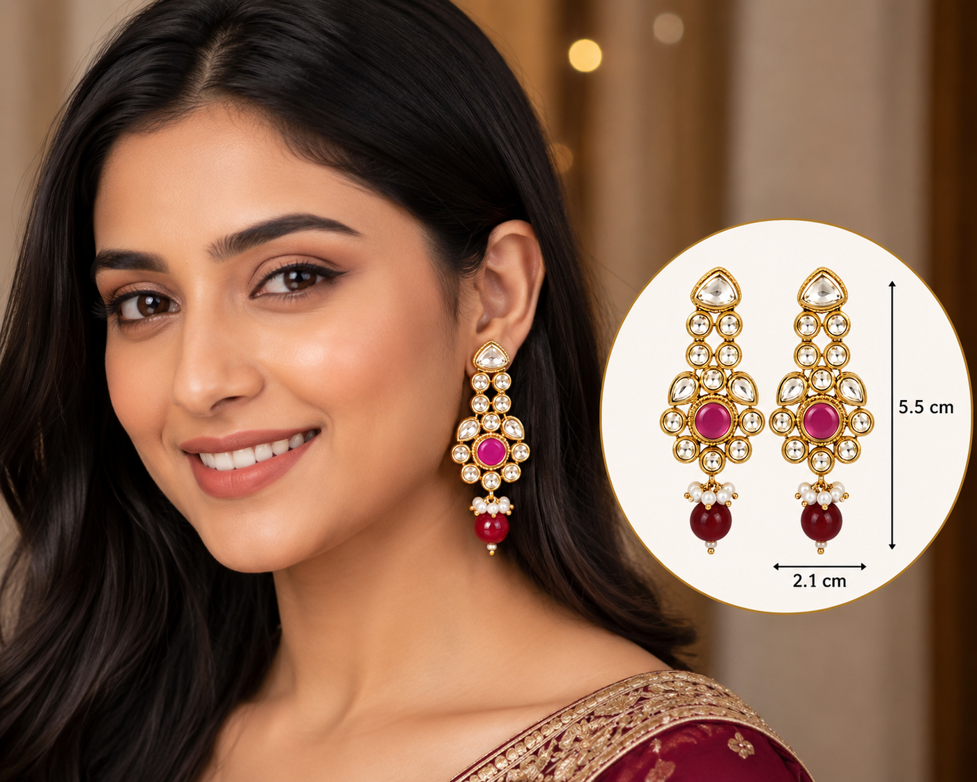 Gold-Tone Pink Stone Floral Pearl Earrings