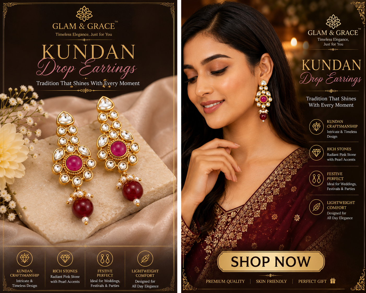 Gold-Tone Pink Stone Floral Pearl Earrings