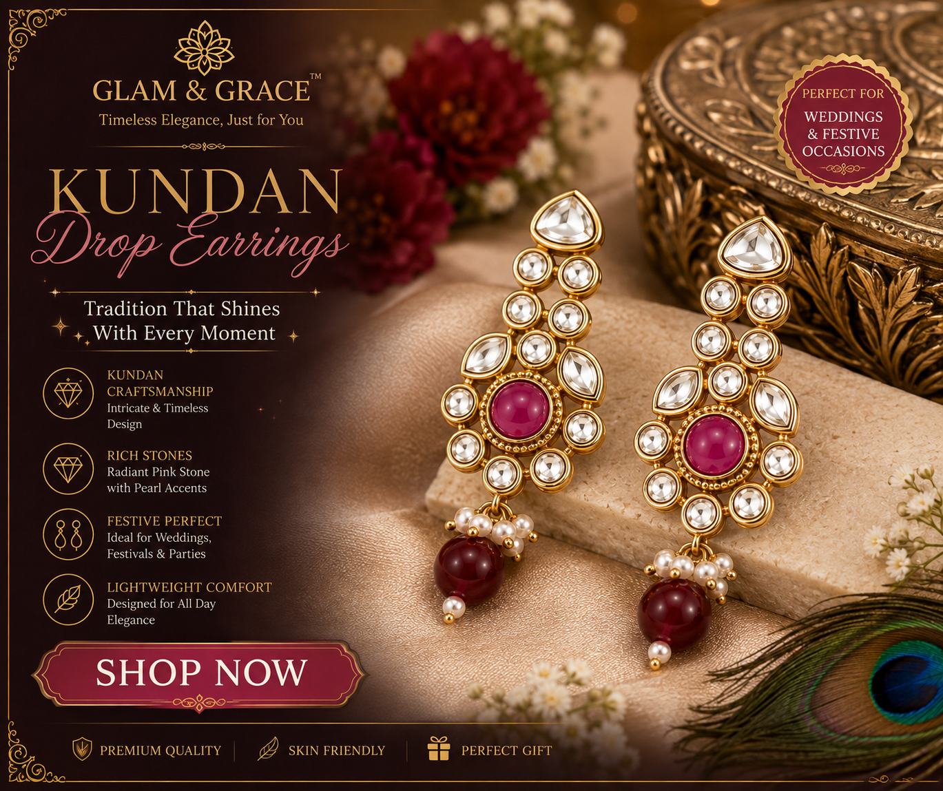 Gold-Tone Pink Stone Floral Pearl Earrings