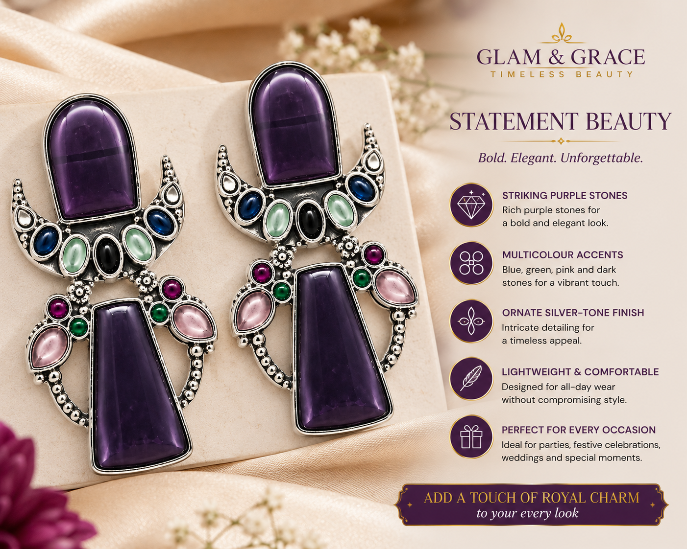 Silver-Tone Purple Multicolour Statement Earrings