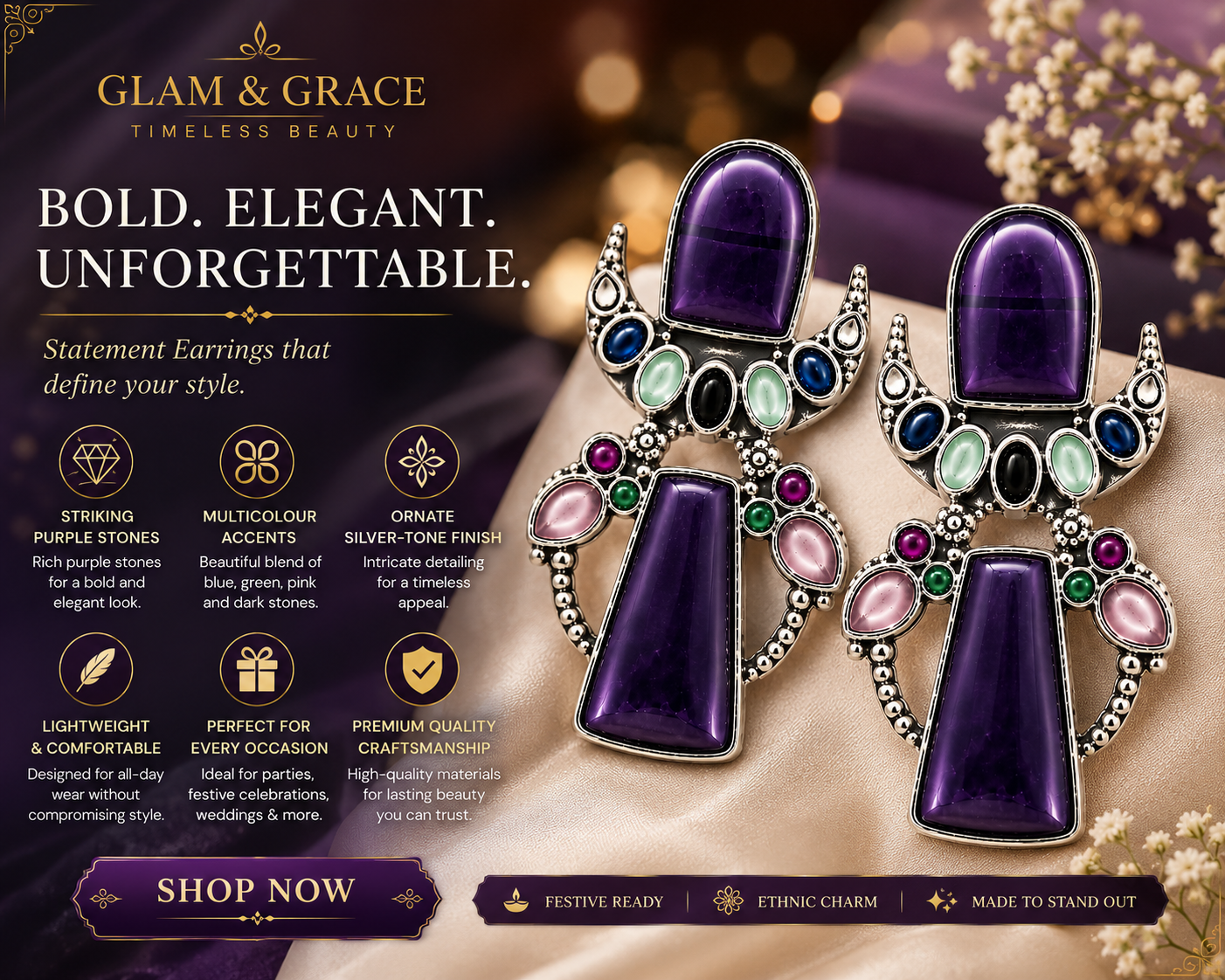 Silver-Tone Purple Multicolour Statement Earrings