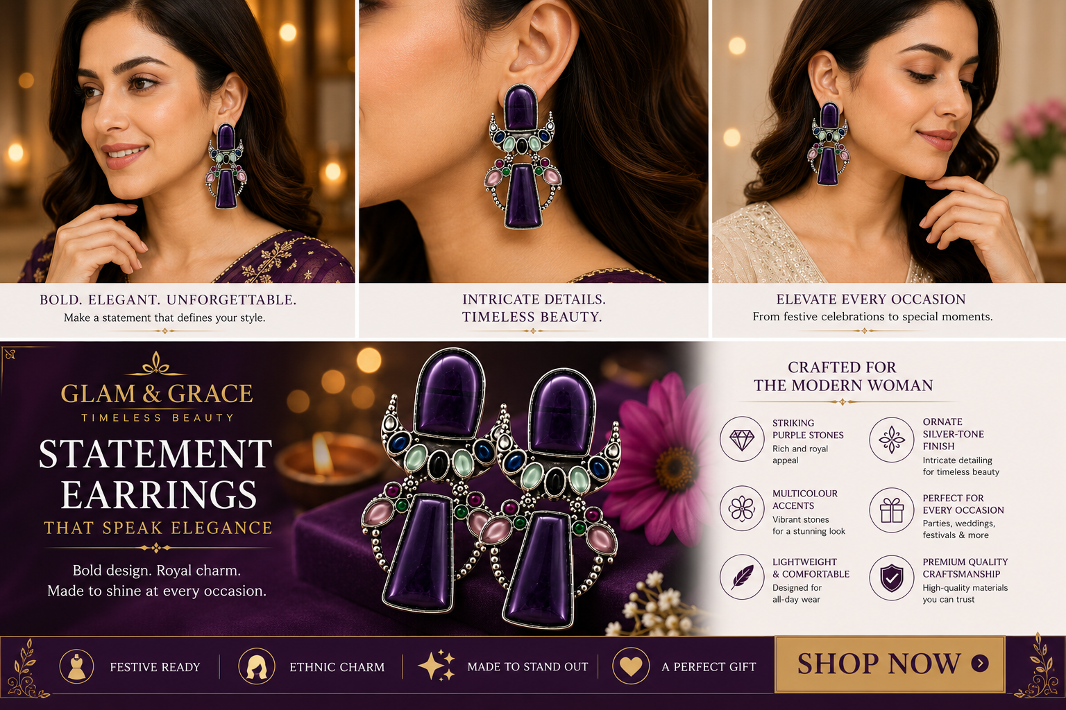Silver-Tone Purple Multicolour Statement Earrings