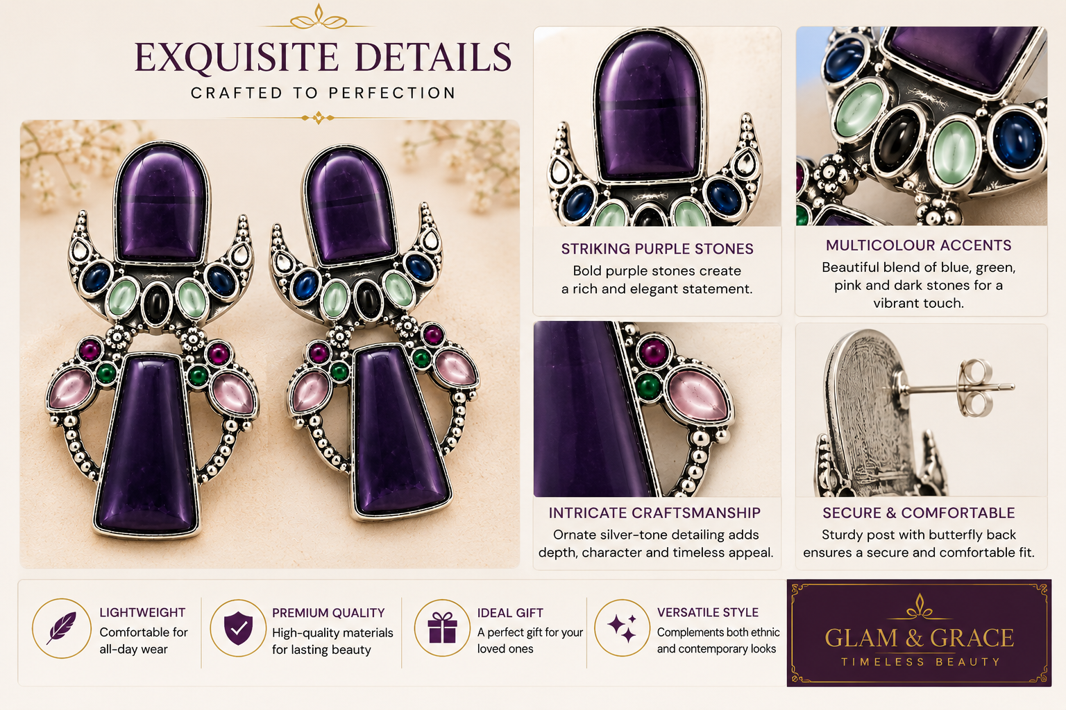 Silver-Tone Purple Multicolour Statement Earrings