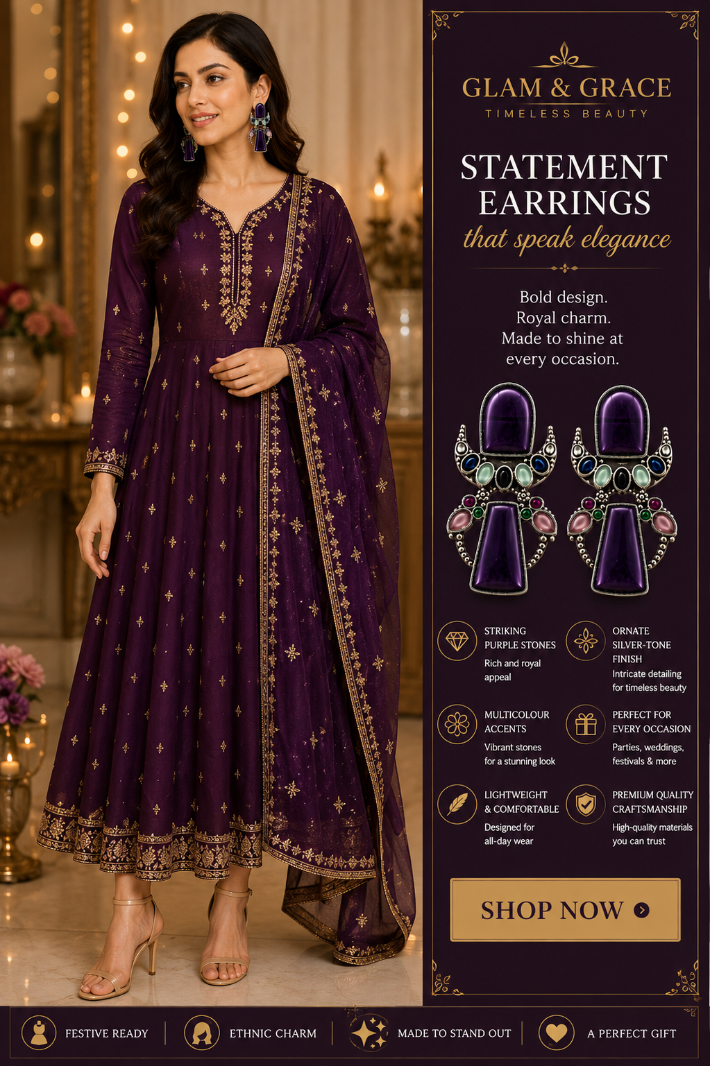 Silver-Tone Purple Multicolour Statement Earrings