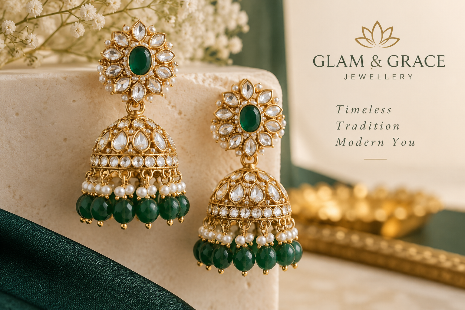Gold-Tone Green Enamel Pearl Jhumka Earrings