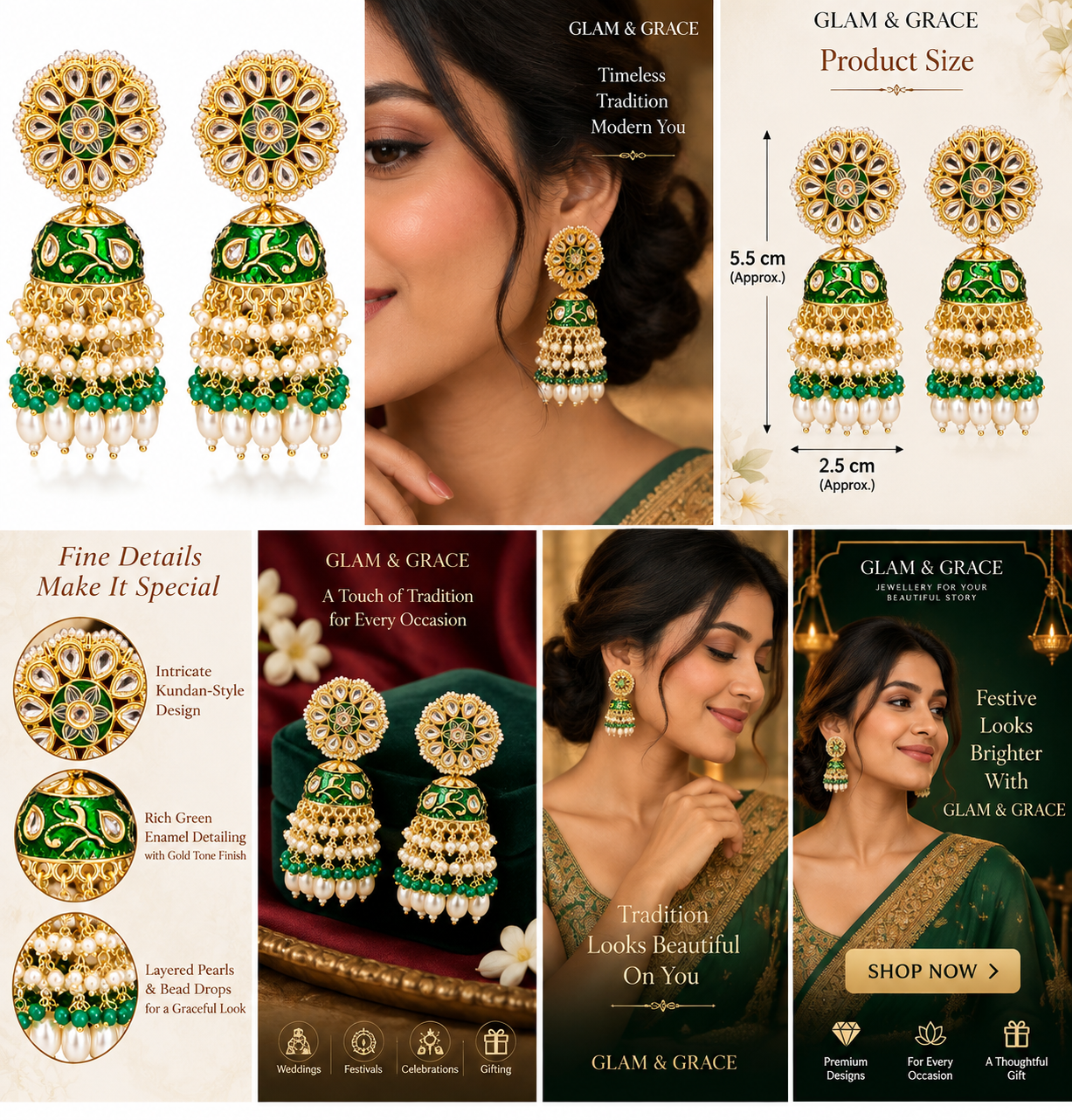 Gold-Tone Green Enamel Pearl Jhumka Earrings