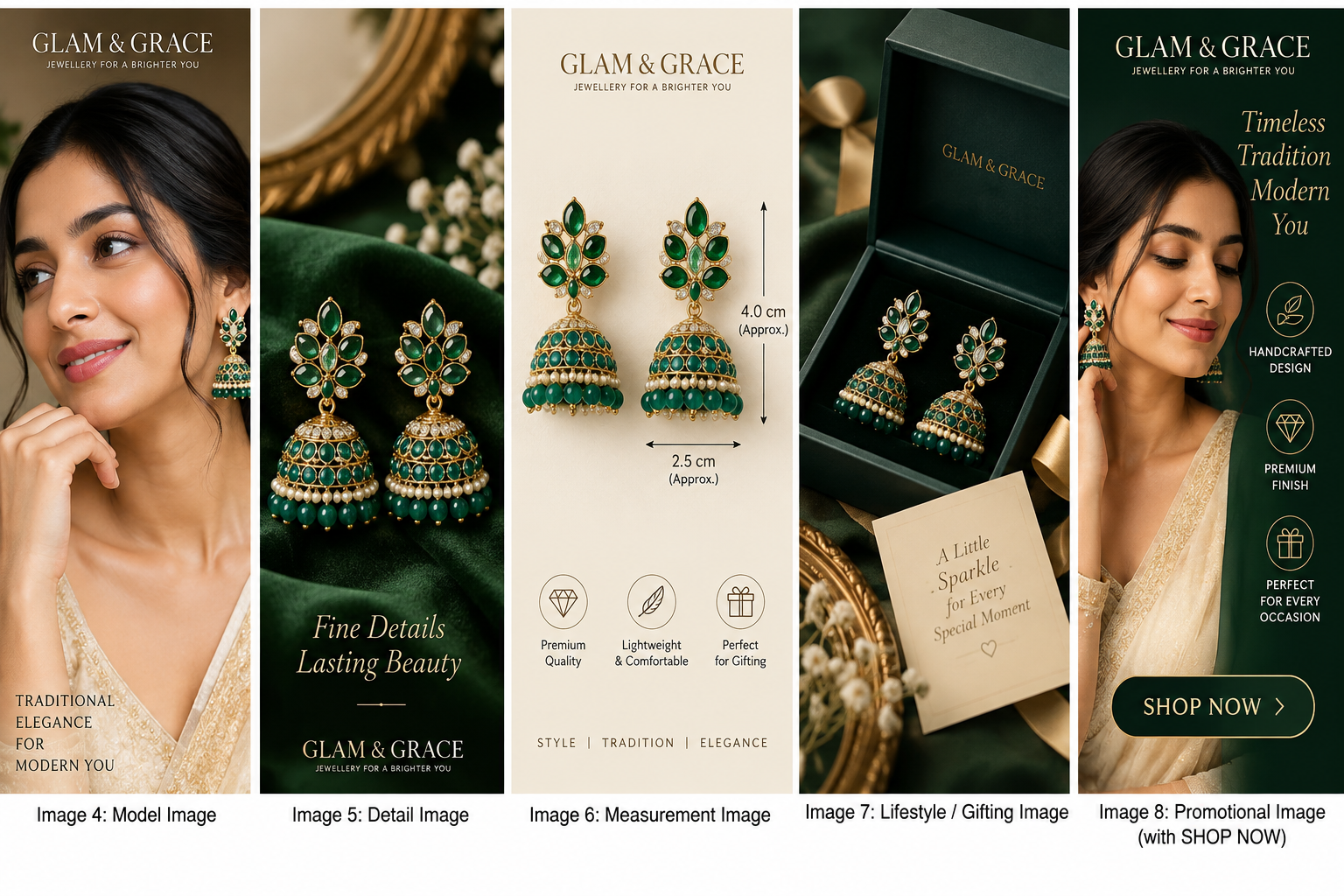 Gold-Tone Green Enamel Pearl Jhumka Earrings