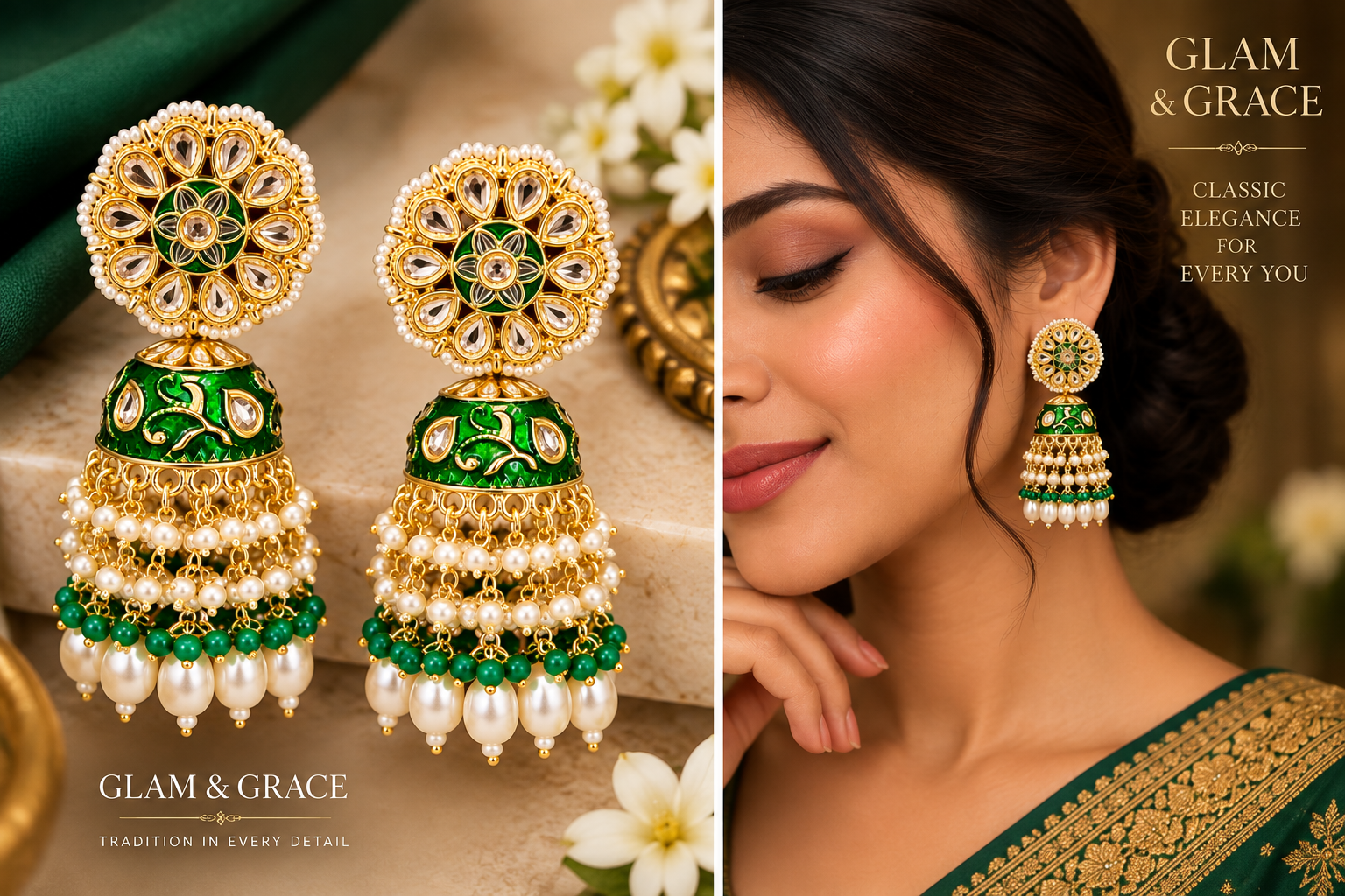 Gold-Tone Green Enamel Pearl Jhumka Earrings
