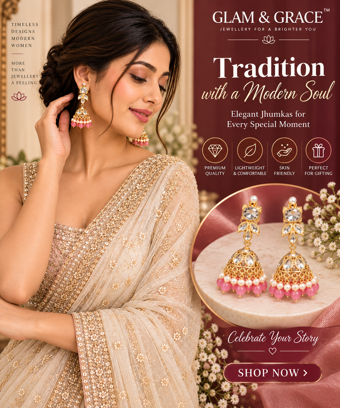 Gold-Tone Pink Stone Jhumka Earrings