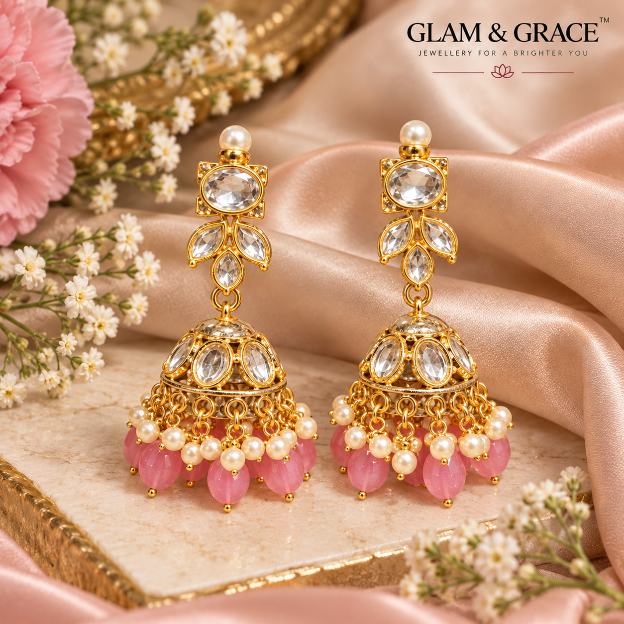 Gold-Tone Pink Stone Jhumka Earrings