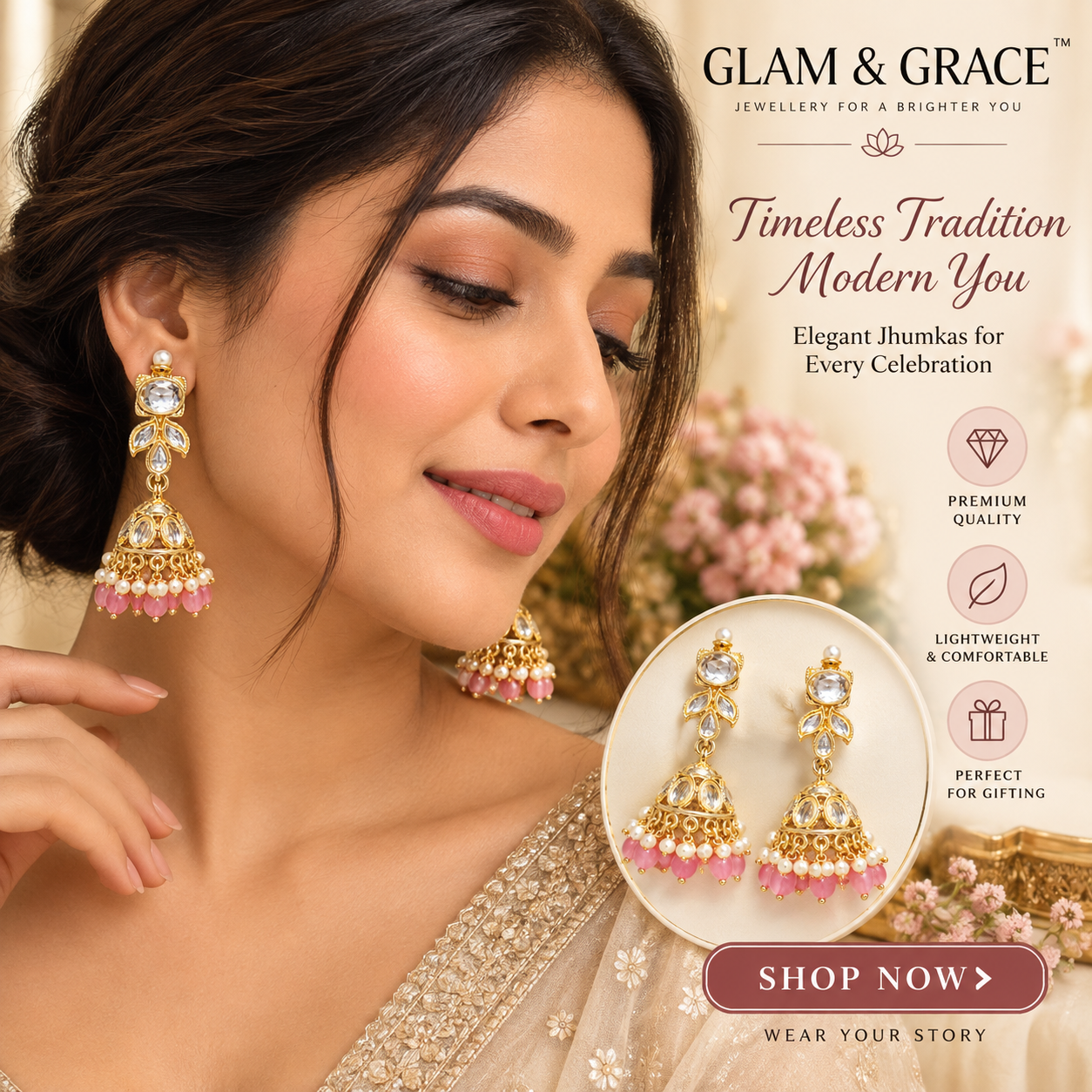 Gold-Tone Pink Stone Jhumka Earrings