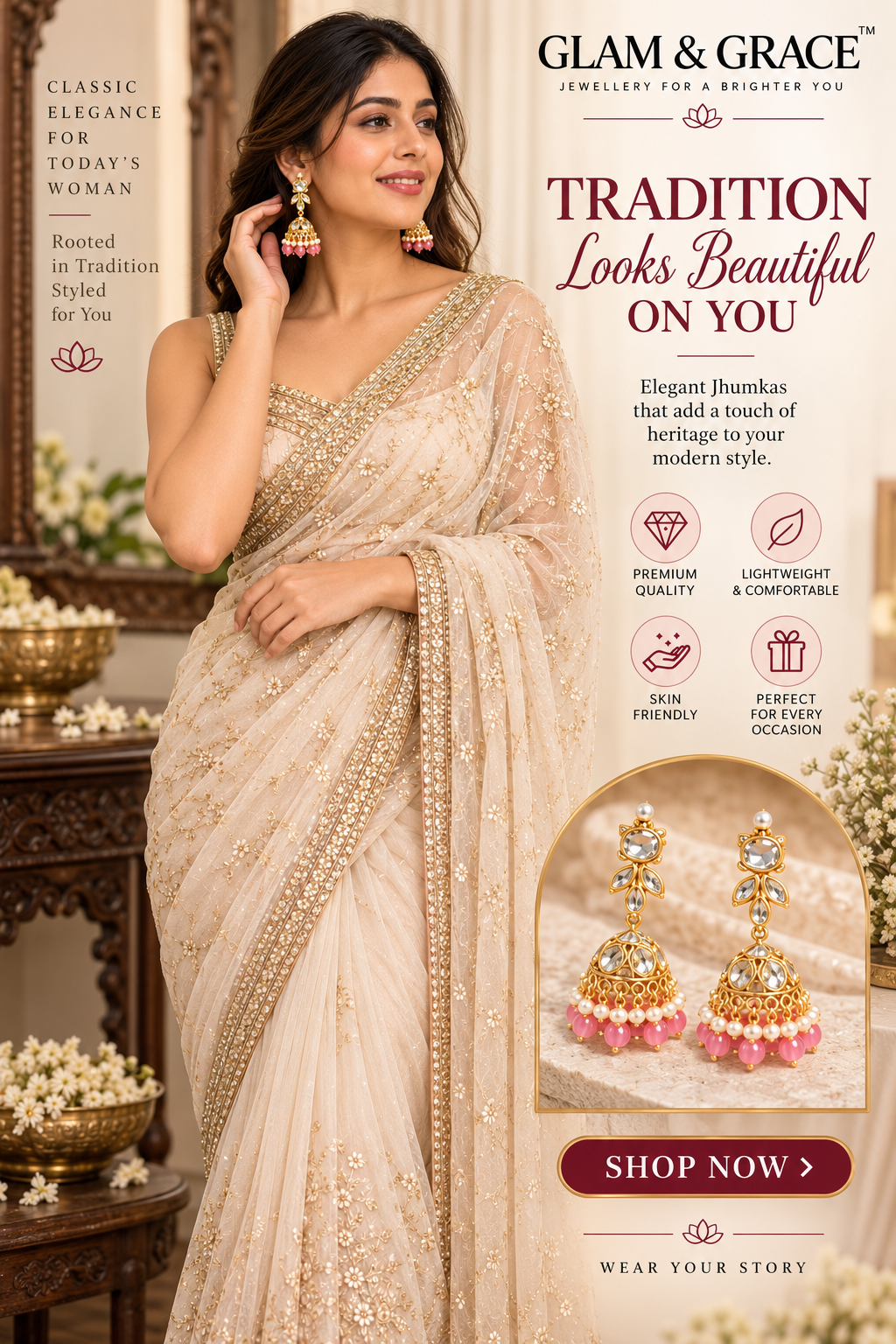 Gold-Tone Pink Stone Jhumka Earrings