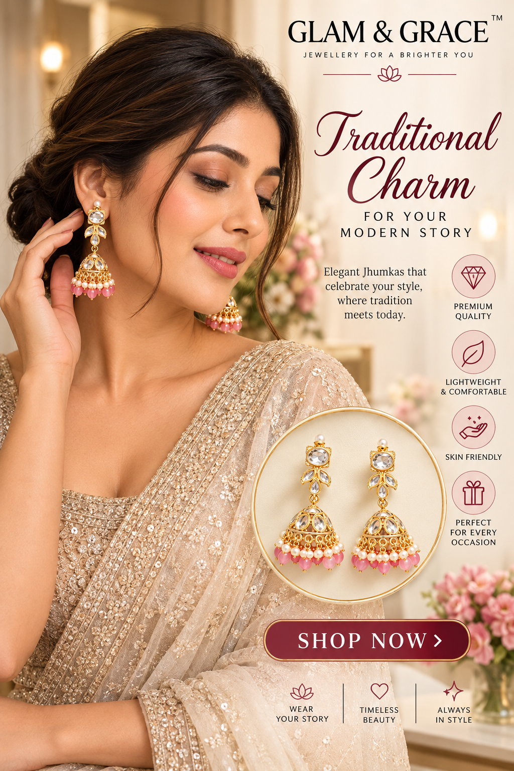 Gold-Tone Pink Stone Jhumka Earrings