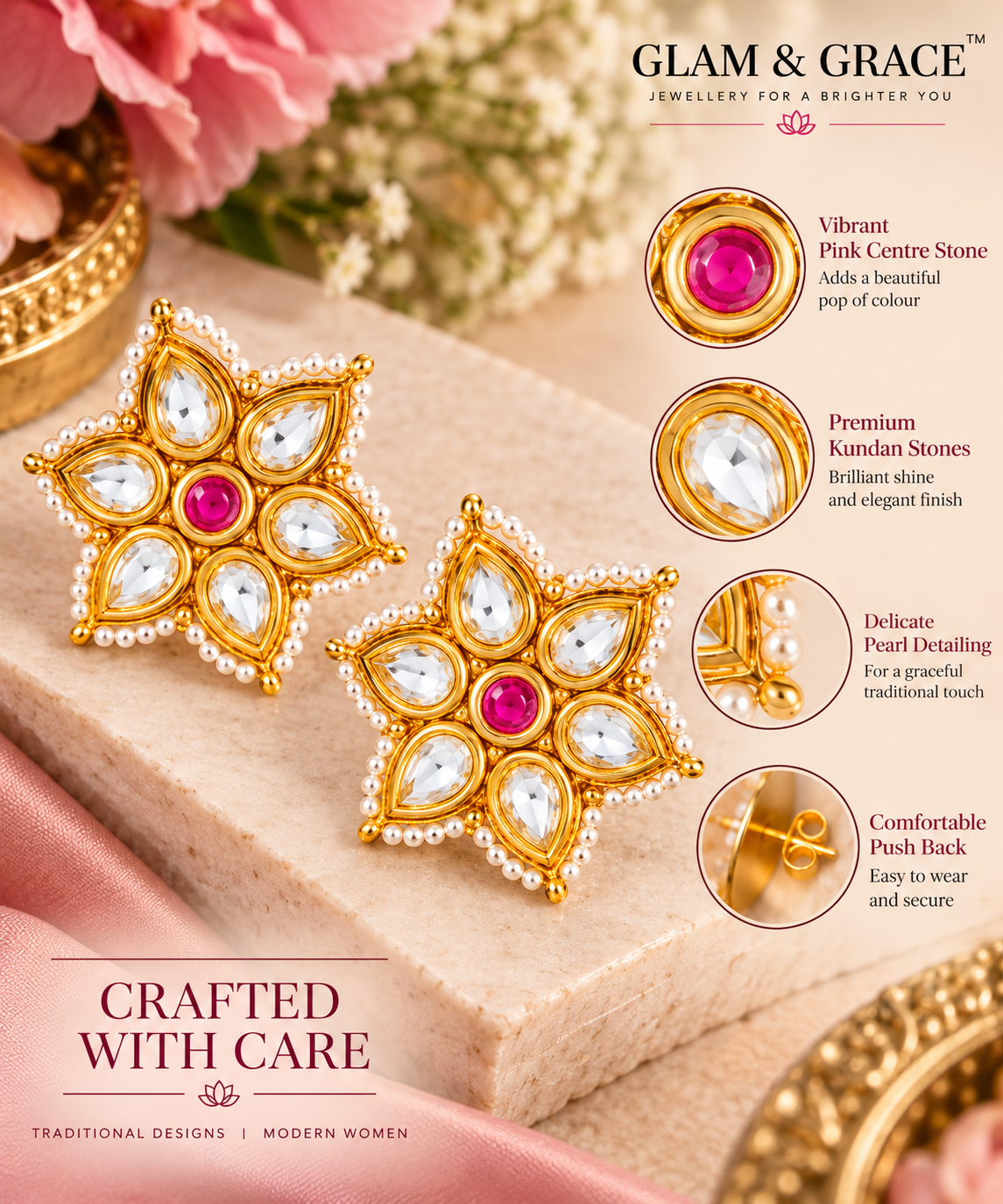 Gold-Tone Pink Stone Geometric Stud Earrings