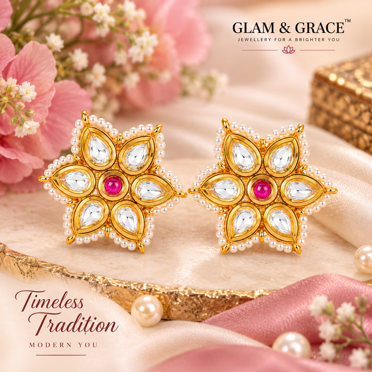 Gold-Tone Pink Stone Geometric Stud Earrings