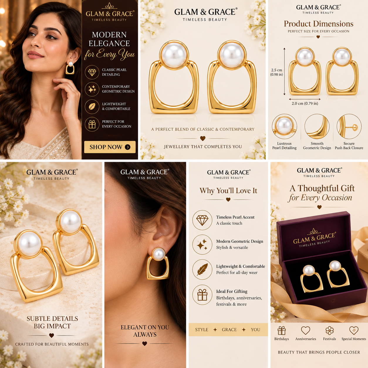 Gold-Tone Pearl Square Hoop Earrings