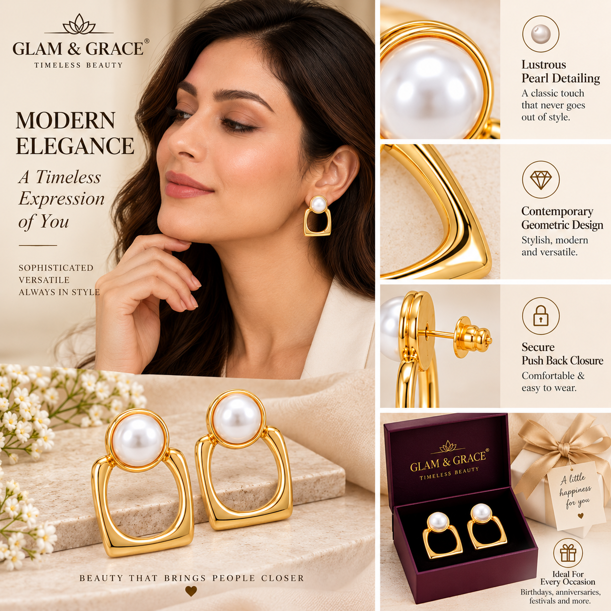 Gold-Tone Pearl Square Hoop Earrings
